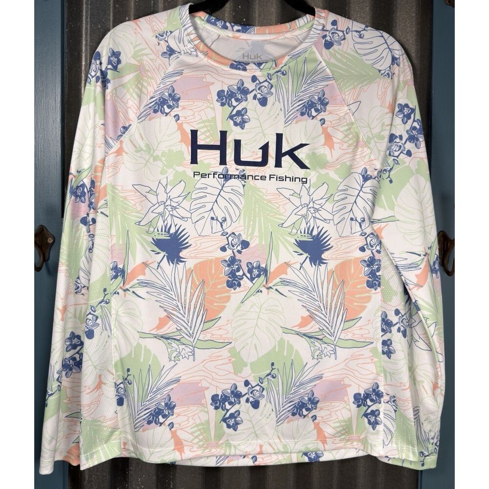 Huk Womens Aqua Dye Pursuit Crew L/S Fishing Shirt Medium Radical Botanical